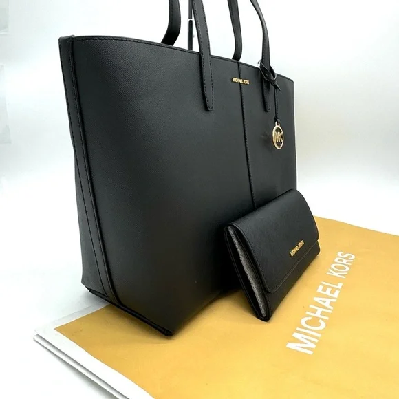 Michael Kors MD Zip Top Tote Bag Large Trifold Wallet Black